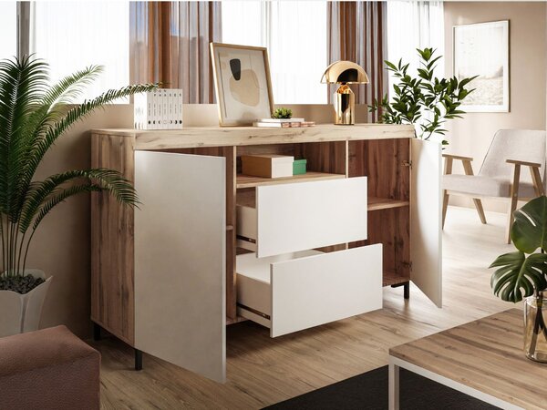 Dwudrzwiowa komoda 164 cm w stylu loft Asumi biały mat i dąb wotan