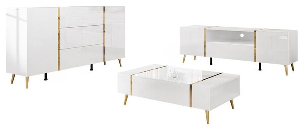 Zestaw mebli do salonu na złotych metalowych nóżkach w stylu glamour Lunelie Biały połysk