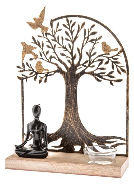 Metalowy świecznik na świeczkę tealight z drewnianą podstawką Buddha, 17 x 23,5 x 6 cm