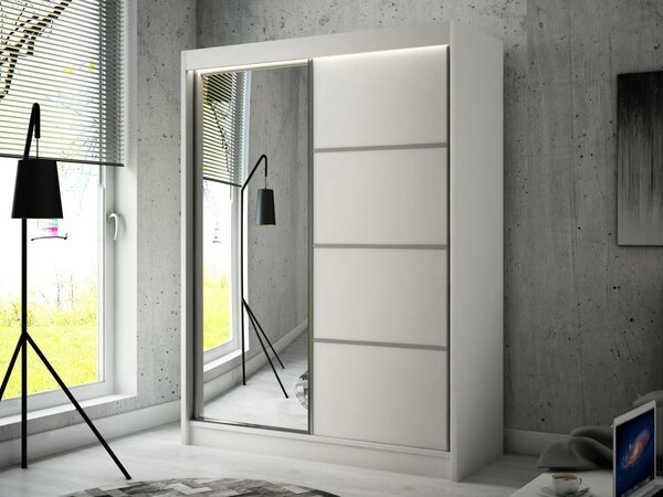 Szafa przesuwna z lustrem 150 cm z oświetleniem LED Portel Biała