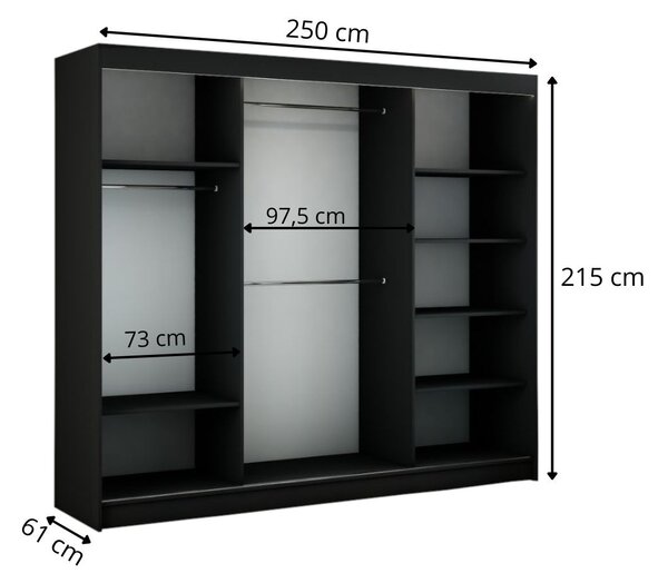 Szafa przesuwna 250 cm z oświetleniem LED Diano Czarna