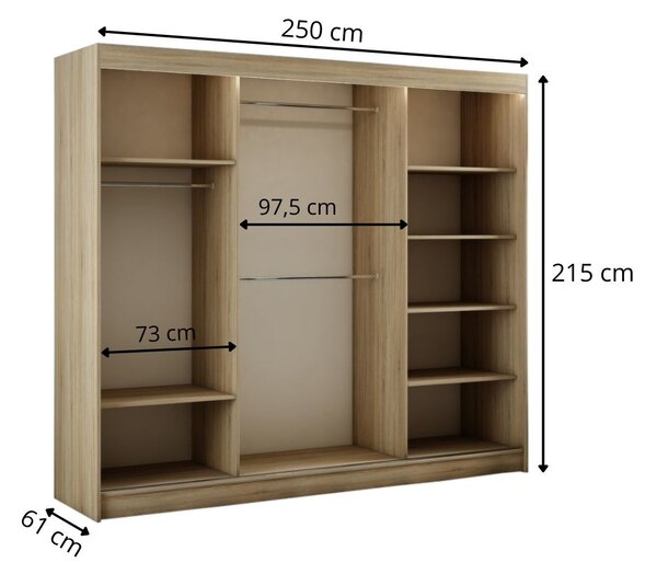Szafa przesuwna z lustrem 250 cm z oświetleniem LED Portel Dąb Sonoma