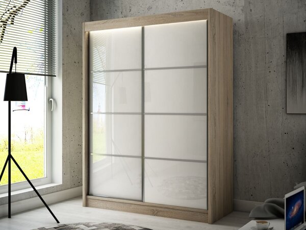 Szafa przesuwna ze szprosami 150 cm z oświetleniem LED Ponti Dąb Sonoma, Biała