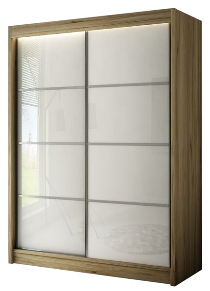 Szafa przesuwna ze szprosami 150 cm z oświetleniem LED Ponti Dąb Craft Złoty, Biała