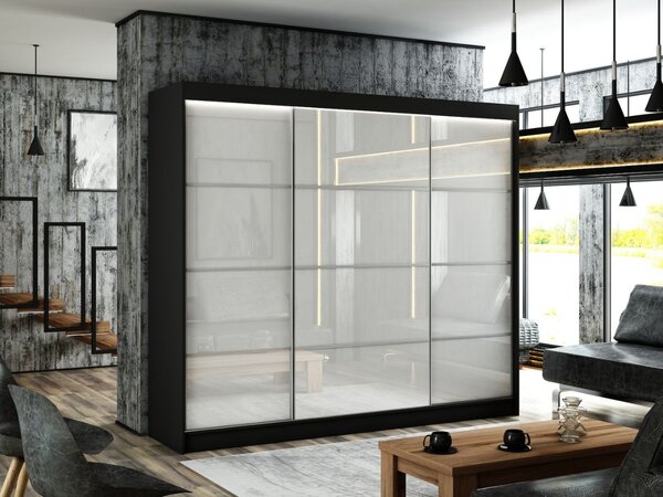 Szafa przesuwna ze szprosami 250 cm z oświetleniem LED Ponti Czarna, Biała