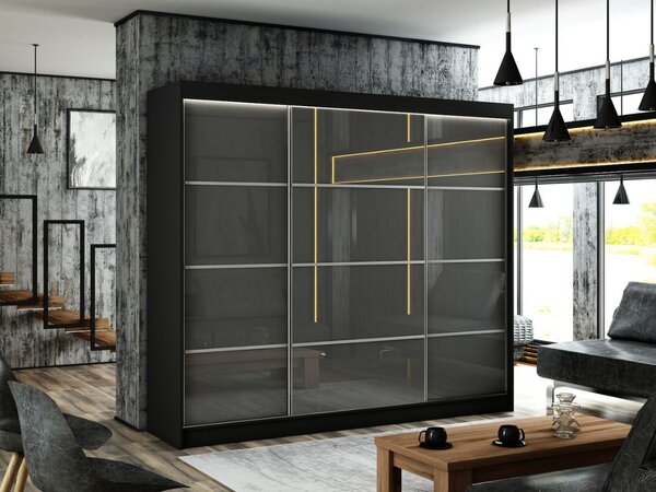 Szafa przesuwna ze szprosami 250 cm z oświetleniem LED Ponti Czarna, Szara