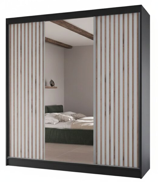 Szafa przesuwna z lamelami i lustrem 200 cm Lucena Czarna, Biała