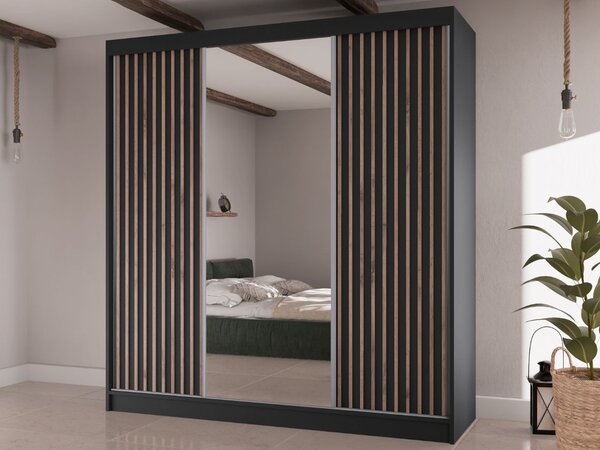 Szafa przesuwna z lamelami i lustrem 200 cm Lucena Czarna