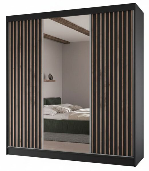 Szafa przesuwna z lamelami i lustrem 200 cm Lucena Czarna