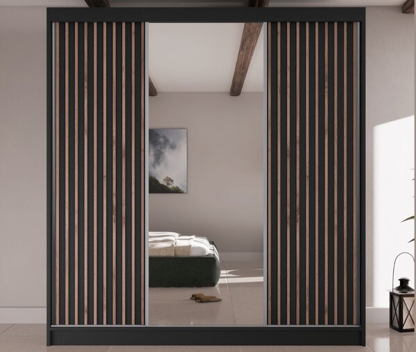 Szafa przesuwna z lamelami i lustrem 200 cm Lucena Czarna