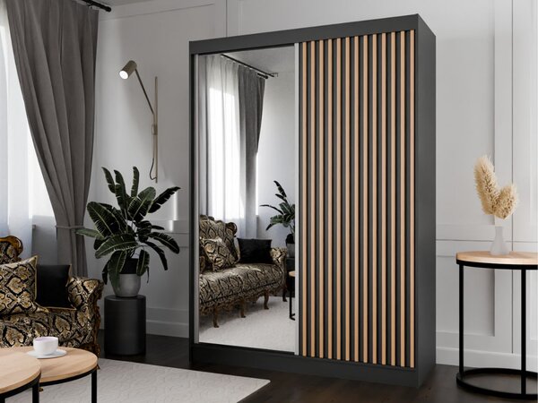 Szafa przesuwna z lustrem i lamelami 150 cm Loreto Czarna