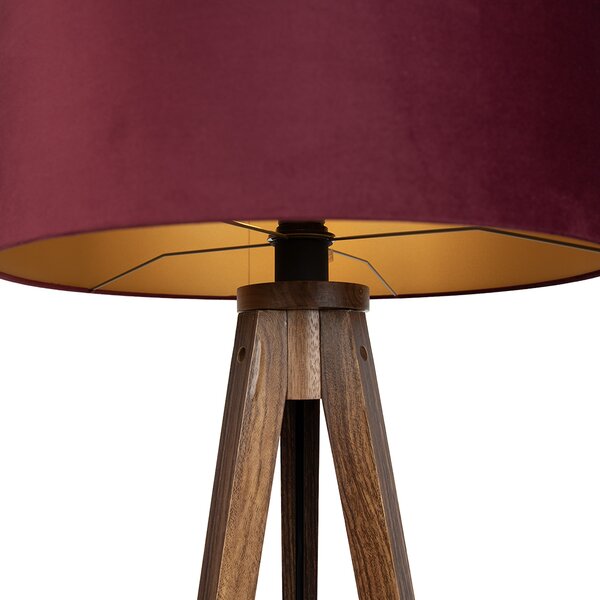 Lampa podłogowa Trójnóg z drewna orzechowego z czerwonym kloszem i złotym wnętrzem 50 cm - Tripod Classic