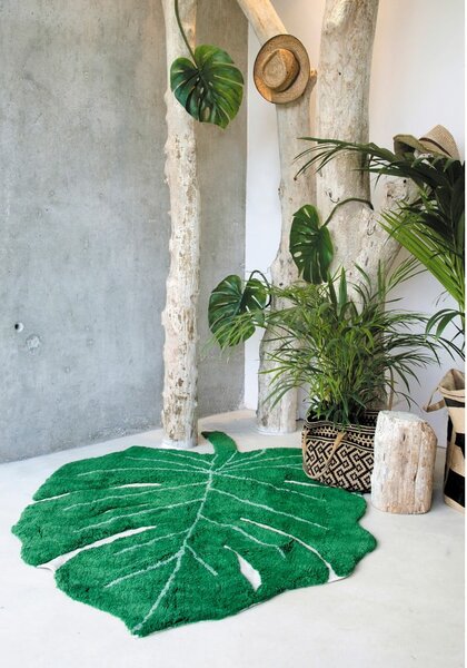 Ciemnozielony bawełniany dywan dziecięcy tkany ręcznie odpowiedni do prania 120x180 cm Monstera Leaf – Lorena Canals