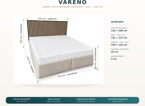 Łóżko tapicerowane sypialniane VARENO 140x200 materac pojemnik stelaż Beż