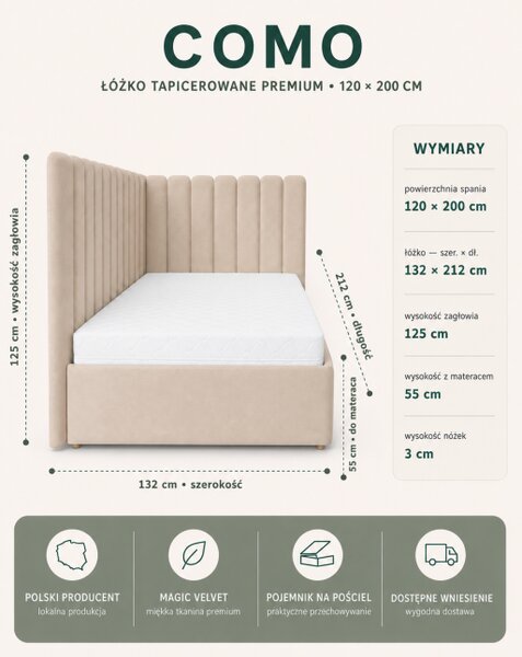 Łóżko tapicerowane sypialniane COMO 120x200 materac pojemnik PREMIUM Beż