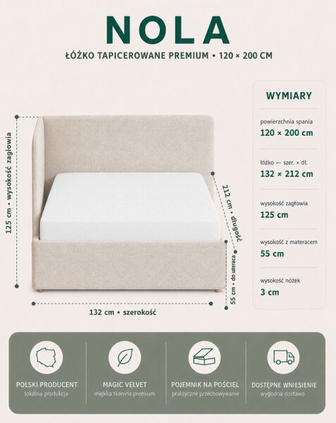 Łóżko sypialniane tapicerowane NOLA 120x200 materac pojemnik stelaż PREMIUM Beż