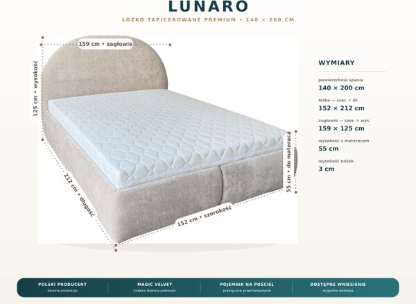 Łóżko tapicerowane 140x200 LUNARO materac pocket pojemnik PREMIUM Beż