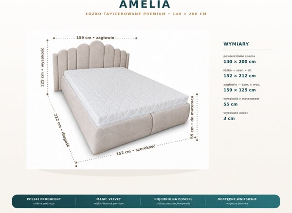 Łóżko tapicerowane AMELIA 140x200 materac pojemnik stelaż Beż