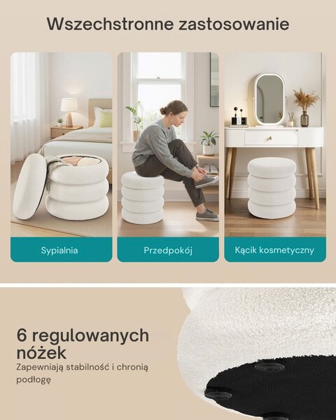 Tapicerowana pufa CLOUDY ze schowkiem, Ø43x47 cm, biała SongmicsHome