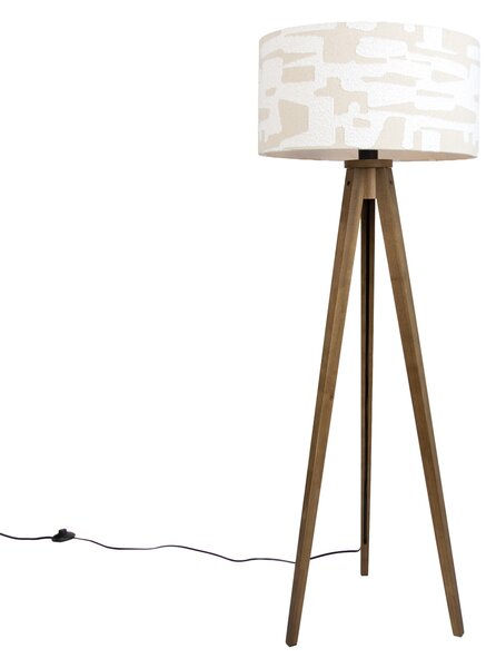 Drewniana lampa podłogowa z beżowo-białym abażurem w paski 50 cm - Tripod Classic