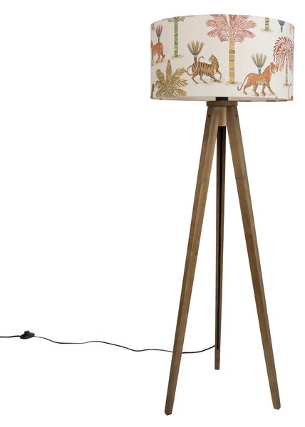 Drewniana lampa podłogowa z wielokolorowym kloszem w zwierzęcy wzór 50 cm - Tripod Classic