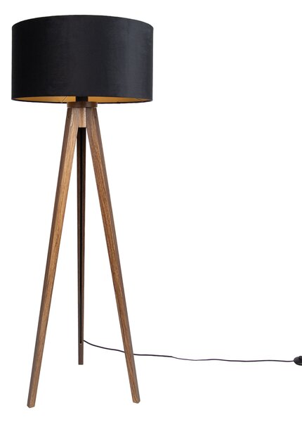 Lampa podłogowa z drewna orzechowego z czarnym kloszem i złotym wnętrzem 50 cm - Tripod Classic