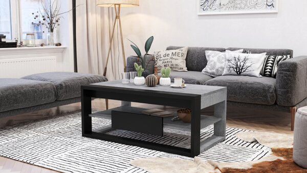FRAME Beton Millenium/Czarny Mat - NOWOCZESNA ŁAWA Z PODNOSZONYM BLATEM + SCHOWKIEM + PÓŁKĄ