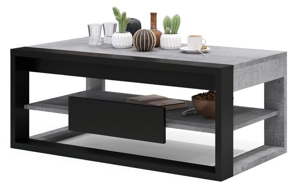 FRAME Beton Millenium/Czarny Mat - NOWOCZESNA ŁAWA Z PODNOSZONYM BLATEM + SCHOWKIEM + PÓŁKĄ