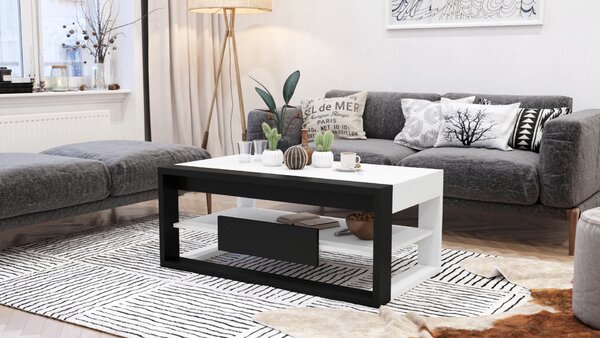 FRAME Biały Mat/Czarny Mat - NOWOCZESNA ŁAWA Z PODNOSZONYM BLATEM + SCHOWKIEM + PÓŁKĄ