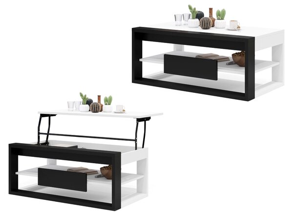 FRAME Biały Mat/Czarny Mat - NOWOCZESNA ŁAWA Z PODNOSZONYM BLATEM + SCHOWKIEM + PÓŁKĄ