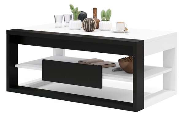 FRAME Biały Mat/Czarny Mat - NOWOCZESNA ŁAWA Z PODNOSZONYM BLATEM + SCHOWKIEM + PÓŁKĄ