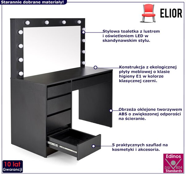 Czarna toaletka z podświetlanym lustrem i szufladami W4-E75