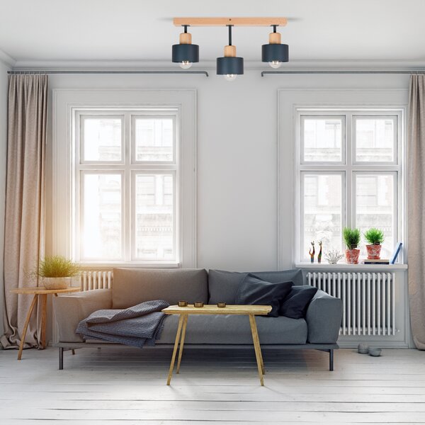 Antracytowa lampa sufitowa, trzypunktowy spot DAN50x7BU z drewna i met