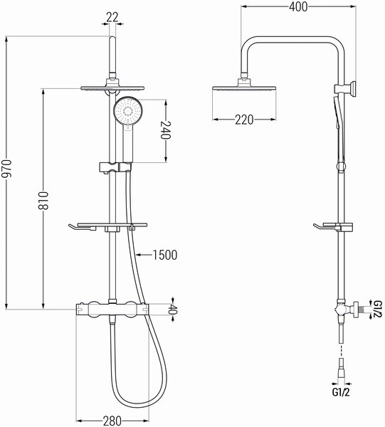 Mexen KT40 zestaw prysznicowy natynkowy z deszczownicą i baterią termostatyczną, złoty - 771504093-50