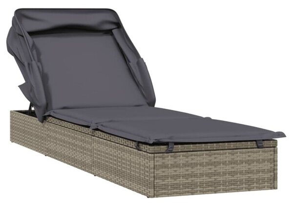 Leżak ze składanym dachem, szary, 213x63x97 cm, polirattan