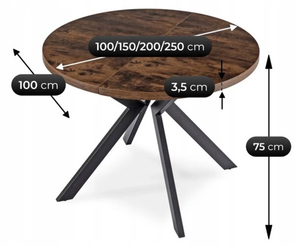 Stół Okrągły Rozkładany LUKAS 100-250 cm Dąb Rustykalny Nowoczesny Loft