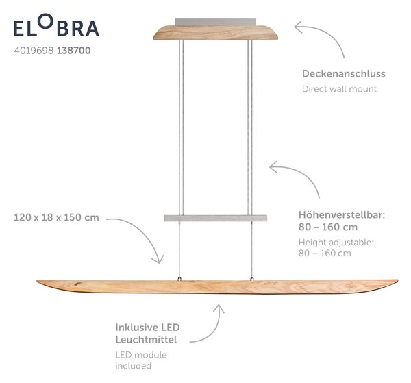 Elobra Lampa wisząca Colombia, możliwość ściemniania, jasne drewno, salon / jadalnia, drewno, nowoczesny