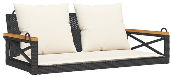 Ławka bujana z poduszkami, czarna, 109x62x40 cm, polirattan