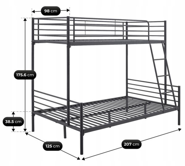 Łóżko Piętrowe Młodzieżowe 90x200 cm/ 120x200 cm TRES Metalowe Czarne