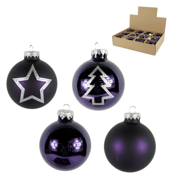Zestaw 12 szt. ozdób świątecznych PURPLE JOY szklane 7,5 cm, fioletowe