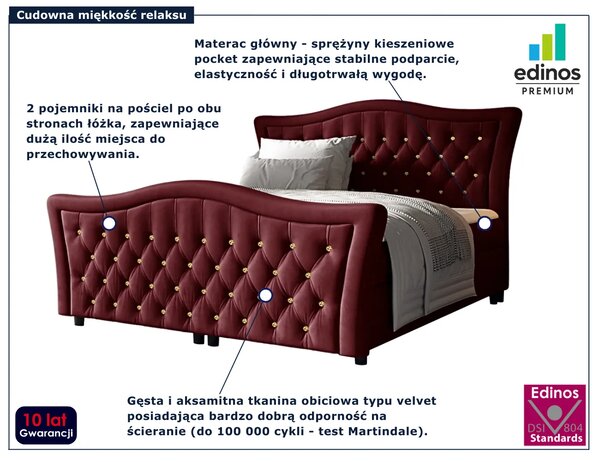 Bordowe łóżko pikowane w stylu glamour 5 rozmiarów Z8-D43