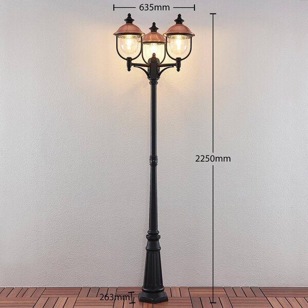 Lampa zewnętrzna Lindby Clint, 225cm, 3-punktowa, odporność na działanie wody Clint Lindby, możliwość ściemniania, miedziany, aluminium, vintage