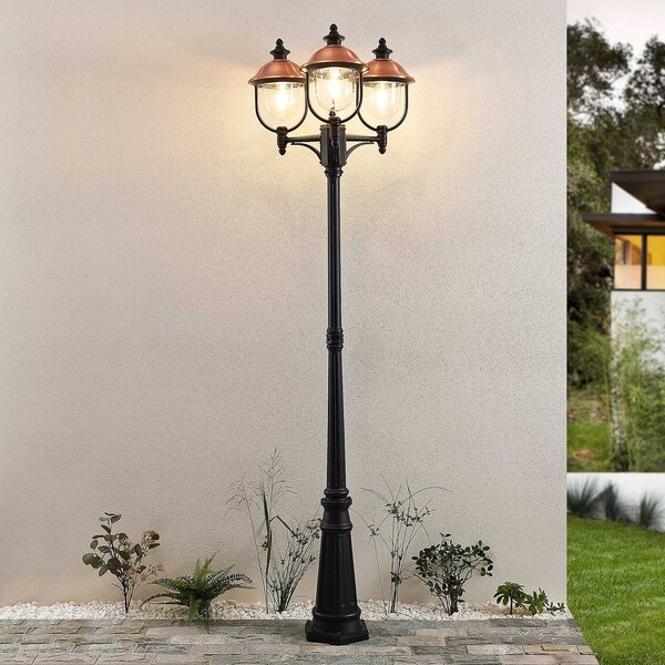 Lampa zewnętrzna Lindby Clint, 225cm, 3-punktowa, odporność na działanie wody Clint Lindby, możliwość ściemniania, miedziany, aluminium, vintage