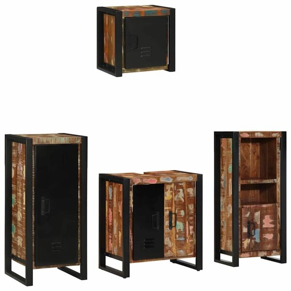 Nowoczesny zestaw mebli łazienkowych z litego drewna recyklingowego, 4 szafki, minimalistyczny design, czarne uchwyty