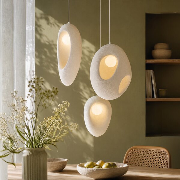 Lampa wisząca Japandi biała z organicznym kloszem 3-punktowa - Moonstone