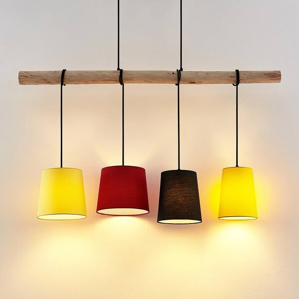 Lampa wisząca Hinai Lindby, możliwość ściemniania, jasne drewno, salon / jadalnia, tkanina / materiał / jedwab, skandynawski