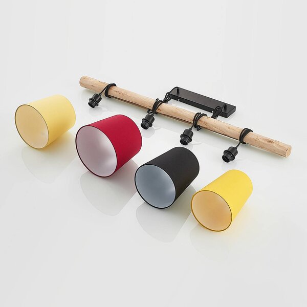 Lampa wisząca Hinai Lindby, możliwość ściemniania, jasne drewno, salon / jadalnia, tkanina / materiał / jedwab, skandynawski