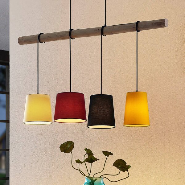 Lampa wisząca Hinai Lindby, możliwość ściemniania, jasne drewno, salon / jadalnia, tkanina / materiał / jedwab, skandynawski