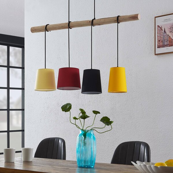 Lampa wisząca Hinai Lindby, możliwość ściemniania, jasne drewno, salon / jadalnia, tkanina / materiał / jedwab, skandynawski