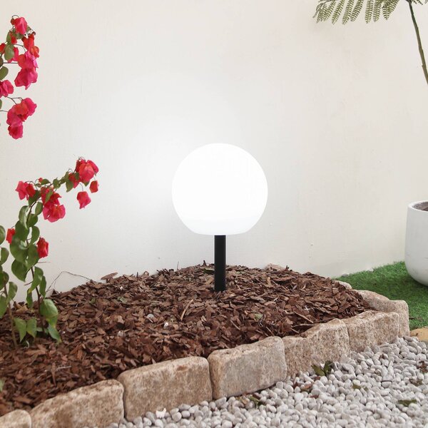 Lindby Lampa solarna LED Lago, Ø 25 cm, kula ziemska, szpikulec, biały